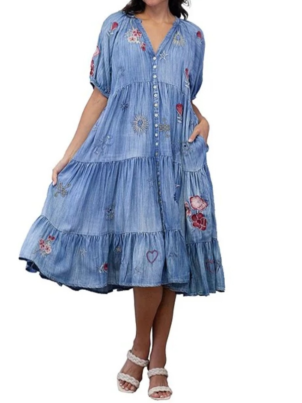 Karyn Seo Blue Embroidered Tiered Midi Dress - Casual Button-Front
